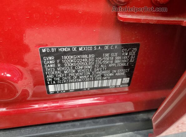 3CZRZ2H5XSM773013 2025 HONDA HR-V Red 