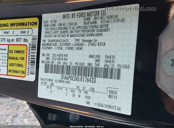 3FA6P0CD0LR176433 2020 FORD FUSION Black ძრავის განყოფილების ხედი
