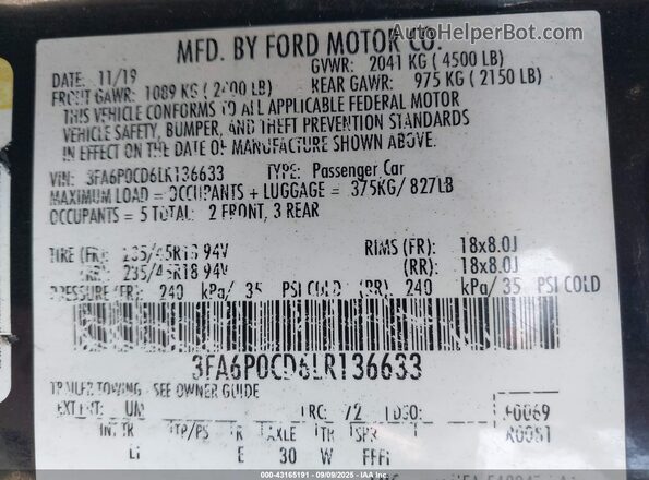 3FA6P0CD6LR136633 2020 FORD FUSION Black ძრავის განყოფილების ხედი
