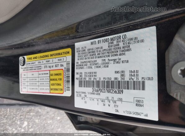 3FA6P0CD7KR256309 2019 FORD FUSION Black Vista del compartimento del motor