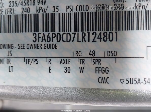 3FA6P0CD7LR124801 2020 FORD FUSION Silver Vista del compartimento del motor