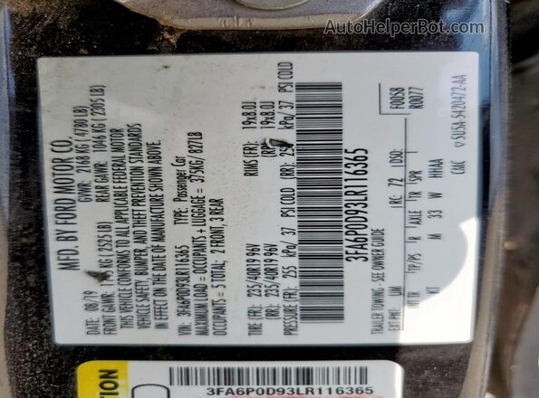 3FA6P0D93LR116365 2020 FORD FUSION Black Vista de la etiqueta del VIN