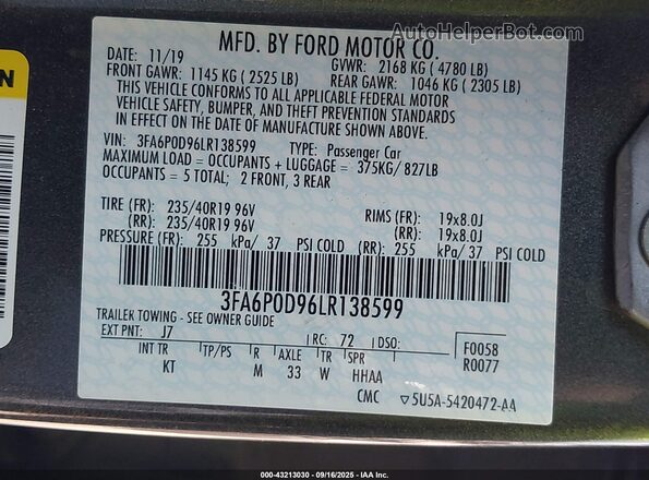 3FA6P0D96LR138599 2020 FORD FUSION Gray ძრავის განყოფილების ხედი