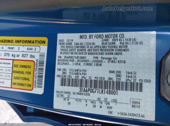 3FA6P0G71LR148001 2020 FORD FUSION Blue ძრავის განყოფილების ხედი