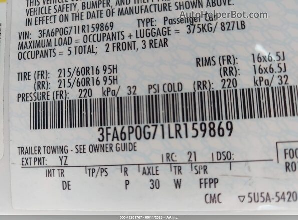 3FA6P0G71LR159869 2020 FORD FUSION White ძრავის განყოფილების ხედი