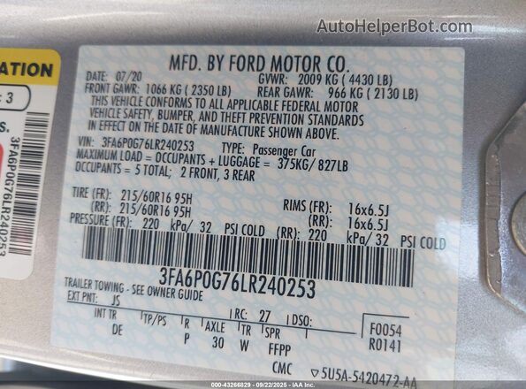 3FA6P0G76LR240253 2020 FORD FUSION Silver Widok komory silnika