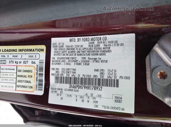 3FA6P0H79HR178952 2017 FORD FUSION Dark Brown Engine compartment view