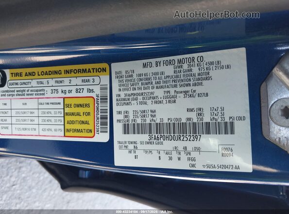 3FA6P0HD0JR252397 2018 FORD FUSION Blue 