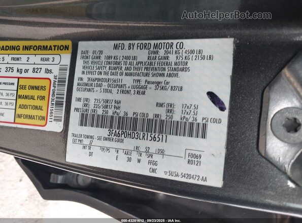 3FA6P0HD3LR156511 2020 FORD FUSION Gray ძრავის განყოფილების ხედი