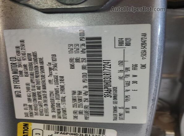 3FA6P0HD3LR172241 2020 FORD FUSION Silver ძრავის განყოფილების ხედი