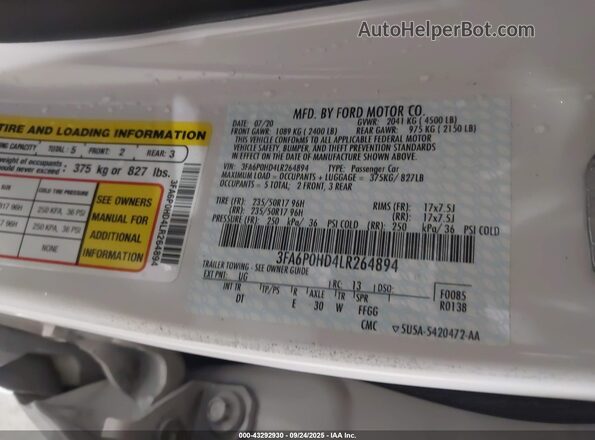 3FA6P0HD4LR264894 2020 FORD FUSION White Շարժիչի բաժամունքի տեսք