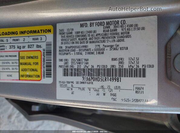 3FA6P0HD5LR149981 2020 FORD FUSION Gray Widok komory silnika