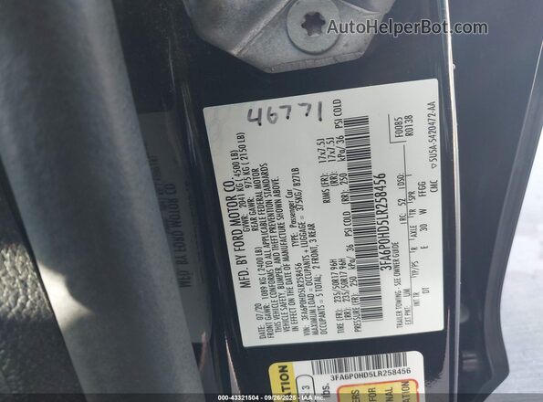 3FA6P0HD5LR258456 2020 FORD FUSION Black Вид підкапотного простору