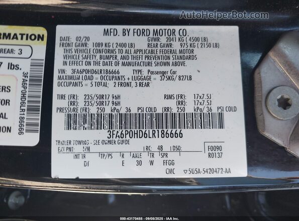 3FA6P0HD6LR186666 2020 FORD FUSION Black Vista del compartimento del motor