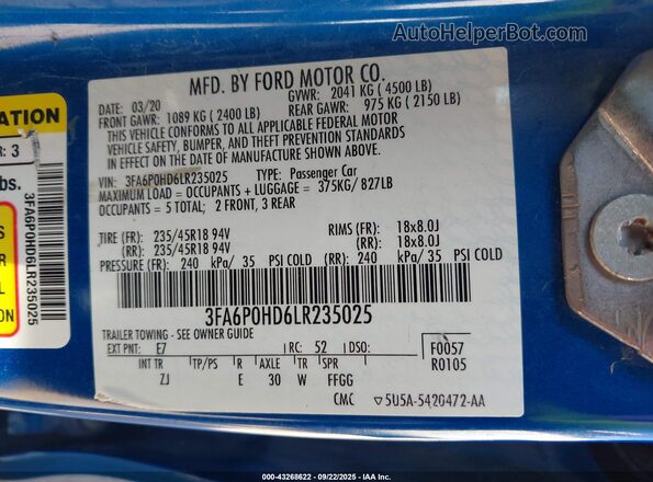 3FA6P0HD6LR235025 2020 FORD FUSION Blue ძრავის განყოფილების ხედი
