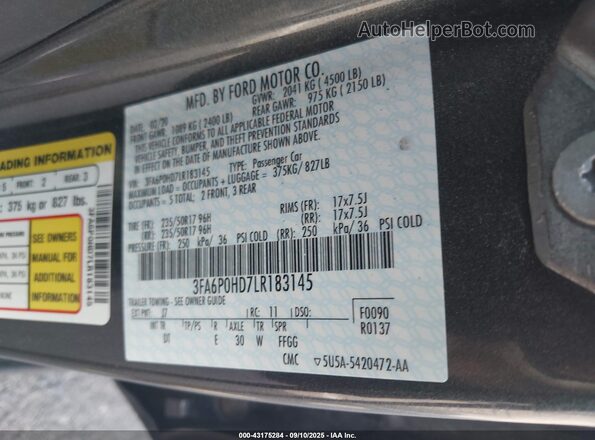 3FA6P0HD7LR183145 2020 FORD FUSION Gray ძრავის განყოფილების ხედი