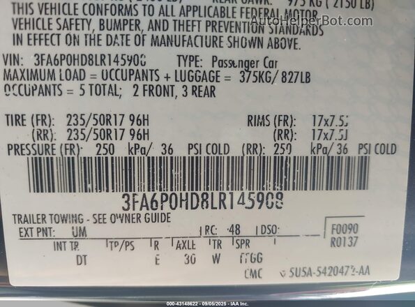 3FA6P0HD8LR145908 2020 FORD FUSION Black Widok komory silnika
