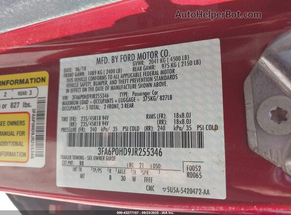 3FA6P0HD9JR255346 2018 FORD FUSION Red 