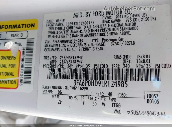 3FA6P0HD9LR124985 2020 FORD FUSION White Engine compartment view