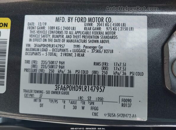 3FA6P0HD9LR147957 2020 FORD FUSION Серый Вид подкапотного пространства