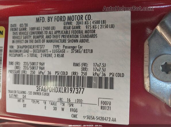 3FA6P0HDXLR197377 2020 FORD FUSION Red ძრავის განყოფილების ხედი