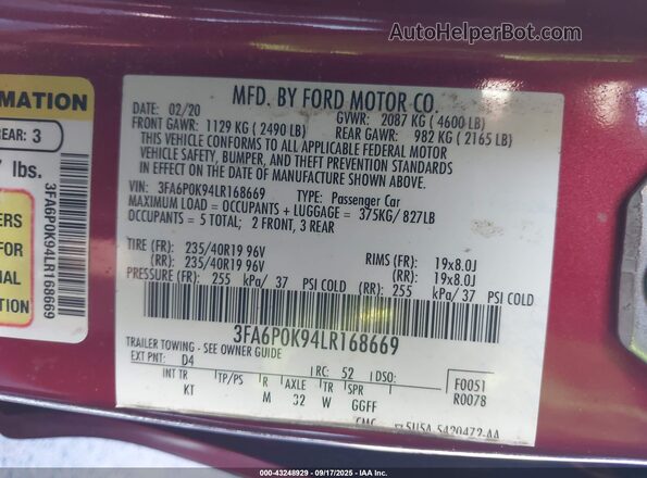 3FA6P0K94LR168669 2020 FORD FUSION Red ძრავის განყოფილების ხედი