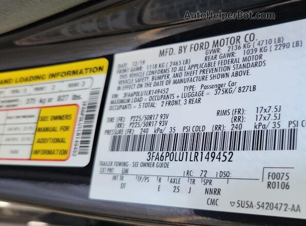 3FA6P0LU1LR149452 2020 FORD FUSION  