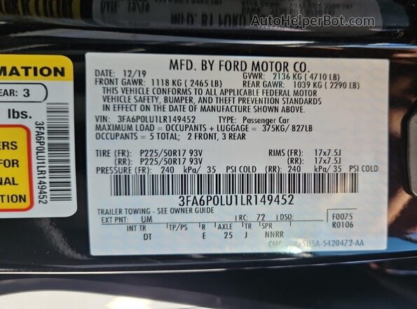 3FA6P0LU1LR149452 2020 FORD FUSION  