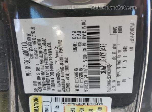 3FA6P0LU3KR210475 2019 FORD FUSION Black Engine compartment view