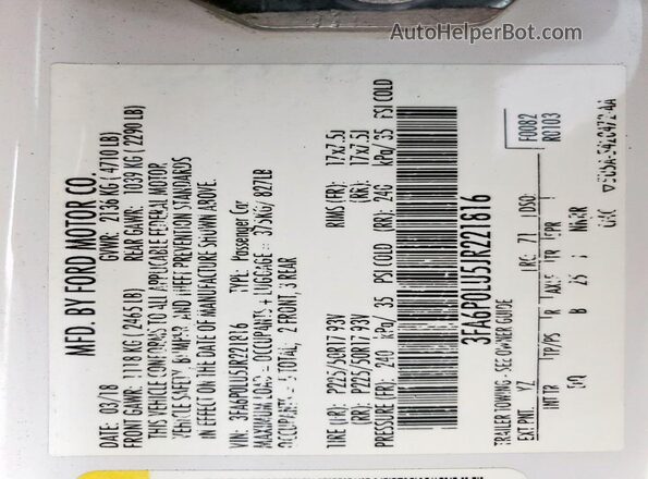 3FA6P0LU5JR221816 2018 FORD FUSION White 