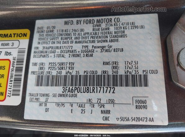 3FA6P0LU8LR171772 2020 FORD FUSION Gray ძრავის განყოფილების ხედი