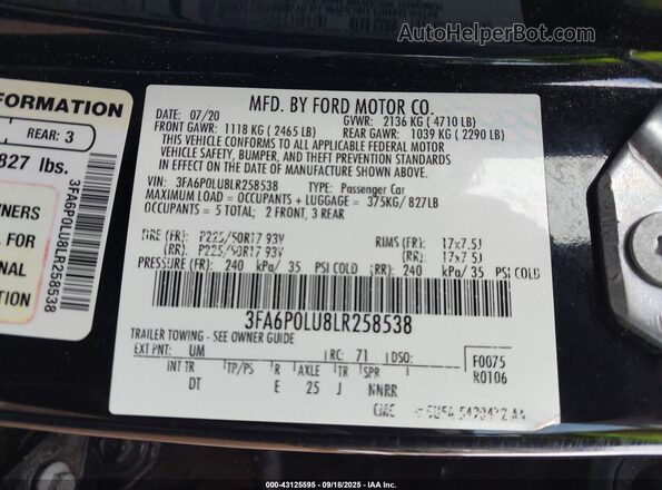 3FA6P0LU8LR258538 2020 FORD FUSION Black Вид підкапотного простору