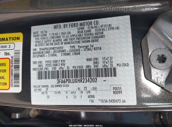 3FA6P0LUXHR234202 2017 FORD FUSION HYBRID Gray Widok komory silnika