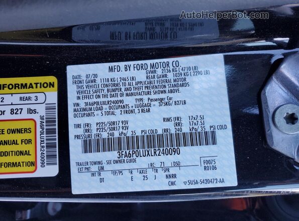 3FA6P0LUXLR240090 2020 FORD FUSION Black Widok naklejki z numerem VIN