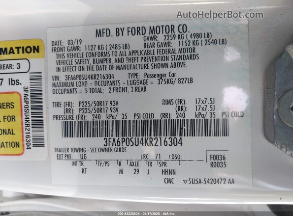 3FA6P0SU4KR216304 2019 FORD FUSION ENERGI White 