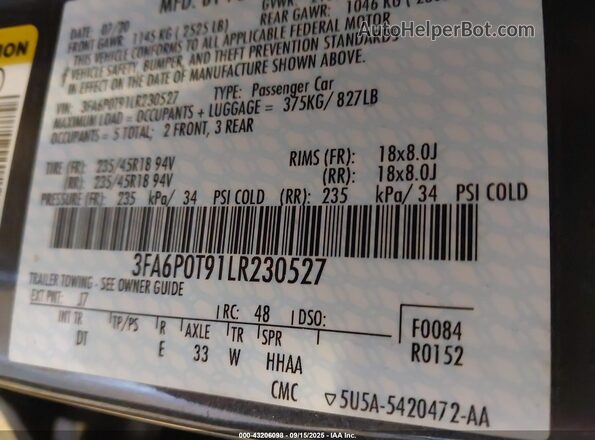 3FA6P0T91LR230527 2020 FORD FUSION Gray Widok komory silnika