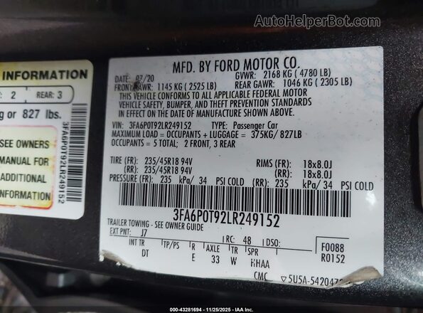 3FA6P0T92LR249152 2020 FORD FUSION Gray ძრავის განყოფილების ხედი
