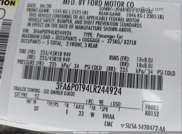 3FA6P0T94LR244924 2020 FORD FUSION White ძრავის განყოფილების ხედი