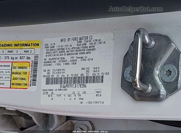 3FA6P0T97LR178286 2020 FORD FUSION White Engine compartment view