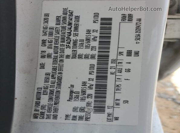 3FADP4AJ4JM141847 2018 FORD FIESTA White 