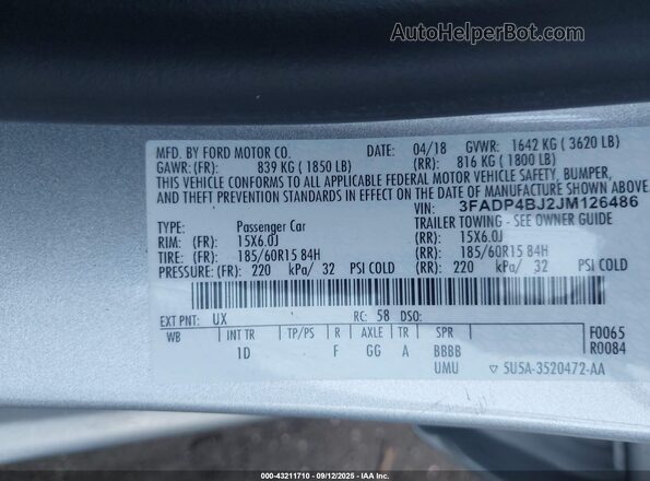 3FADP4BJ2JM126486 2018 FORD FIESTA Silver 