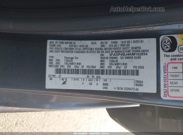 3FADP4BJ4KM102854 2019 FORD FIESTA Gray Engine compartment view