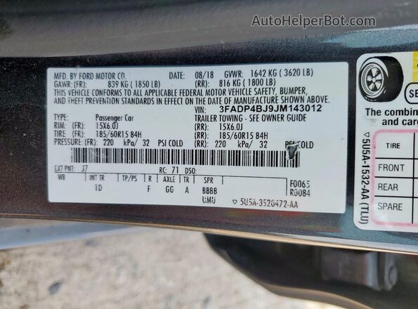 3FADP4BJ9JM143012 2018 FORD FIESTA Серый 