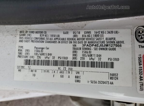 3FADP4EJ0JM127566 2018 FORD FIESTA Белый 