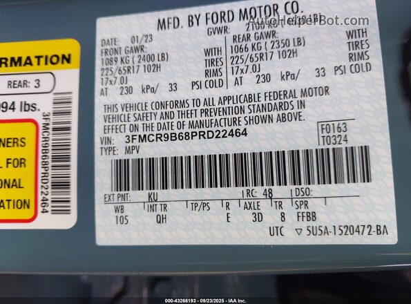 3FMCR9B68PRD22464 2023 FORD BRONCO SPORT Blue Engine compartment view