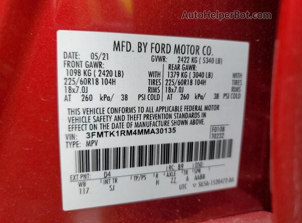 3FMTK1RM4MMA30135 2021 FORD MUSTANG Red Widok naklejki z numerem VIN
