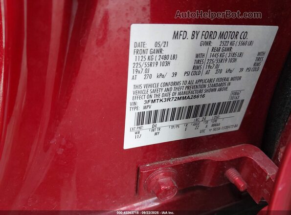 3FMTK3R72MMA28616 2021 FORD MUSTANG MACH-E PREMI Red Շարժիչի բաժամունքի տեսք
