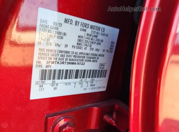 3FMTK3R73NMA16122 2022 FORD MUSTANG MACH-E PREMI Красный 