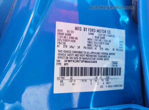 3FMTK3R73PMA63489 2023 FORD MUSTANG MACH-E PREMI Blue VIN კოდის სტიკერის ხედი
