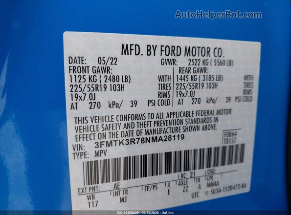 3FMTK3R78NMA28119 2022 FORD MUSTANG MACH-E PREMI Blue Вид підкапотного простору